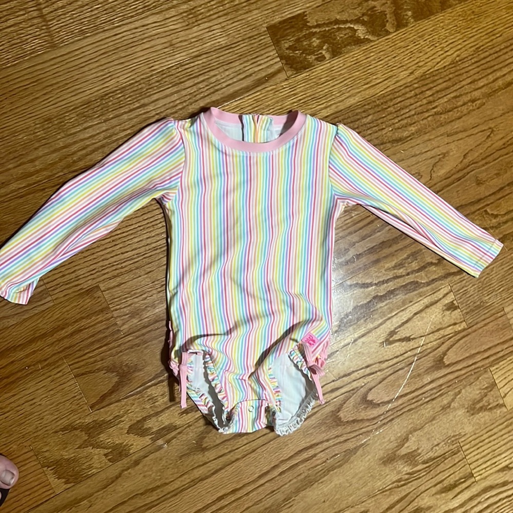 Size 3T Ruffle Butts Rainbow Seersucker long sleeve rash guard one piece